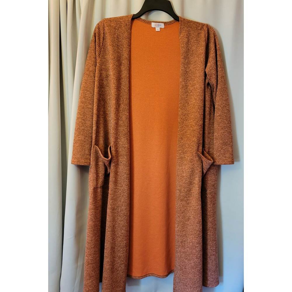 LuLaRoe Sarah Duster Cardigan Medium Rust Burnt Orange Ribbed Knit Long Sweater